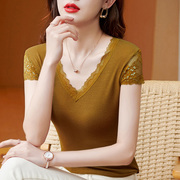 夏季女装韩版淑女莫代尔，内搭打底衫大码显瘦短袖，v领蕾丝t恤潮