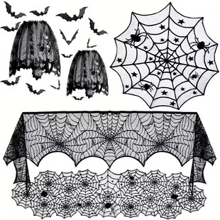万圣节装饰桌布桌旗灯罩壁炉，巾门帘窗帘，黑色蜘蛛网蝙蝠蕾丝餐桌垫