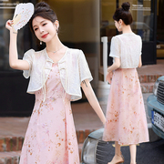 新中式夏装复古印花背心裙两件套真丝短袖连衣裙
