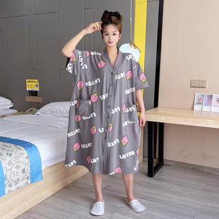 日式草莓大码睡裙女加长款200斤夏季开衫纯棉，短袖孕妇睡衣家居服