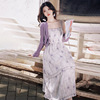茶歇法式紫色碎花吊带连衣裙，开衫两件套装海边度假风御姐2024