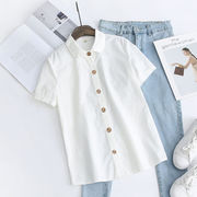 舒适棉质夏季短袖白色衬衫休闲衬衣，上衣纯色简约学院风百搭基本款