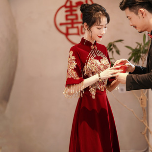 旗袍新娘结婚酒红色敬酒服2024丝绒复古中式答谢宴礼服女夏季