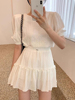 韩国chic夏季简约气质，颗粒感泡泡袖上衣+高腰，木耳边半身裙两件套