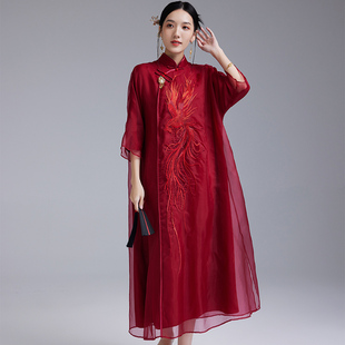 陌遇2024年春夏中国风复古改良真丝绣花红色，旗袍裙中式连衣裙