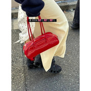 韩国小众包包女2024红色，单肩包高级法棍包时尚漆皮手提腋下包