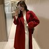 红色呢子大衣女秋冬季高级感双排扣宽松系带，中长款赫本风毛呢外套