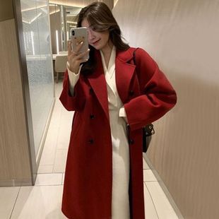 红色呢子大衣女秋冬季高级感双排扣宽松系带中长款赫本风毛呢外套
