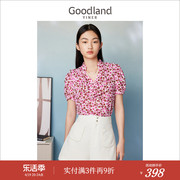 Goodland美地女装夏季玫红波点荷叶边短袖印花衬衫上衣