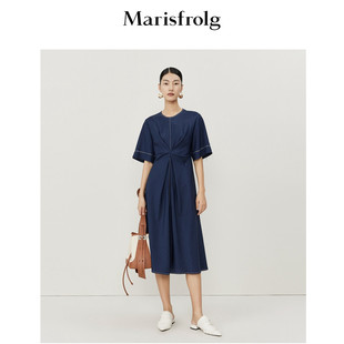 环保醋酸面料玛丝菲尔夏季设计感法式收腰深蓝色连衣裙