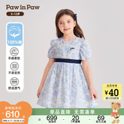 PawinPaw卡通小熊童装2024年夏季女童收腰印花泡泡袖连衣裙