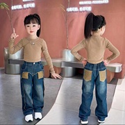 女童套装春款2023洋气儿童，设计感长袖衫，别致阔腿牛仔裤两件套