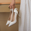 婚鞋2021年夏季女白色绸缎面高跟鞋细跟蝴蝶结法式新娘伴娘鞋