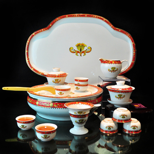 潮州陶瓷工夫茶具骨瓷盖碗中国红柳芽青花瓷茶碗泡茶器茶备沏茶杯
