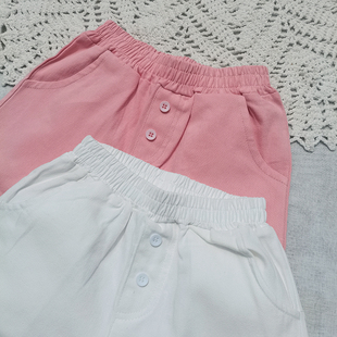 3样110-140韩系~夏季女童，全棉波浪边白色，粉色短裤热裤