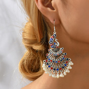 欧美时尚气质孔雀耳钉珍珠，铃铛流苏吊坠，耳环复古波西米亚风耳饰女
