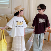 儿童卡通短袖棉布T恤2024夏季男女童圆领五分袖韩版宽松上衣