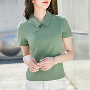 中国风短袖短款t恤女2024夏季纯棉民族风体恤，有带翻领半袖上衣潮