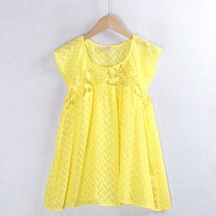 蕾丝衫 夏季圆领镂空宽松黄色无袖衫 性感时尚少女雪纺衫女装外贸