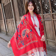 西藏尼泊尔刺绣花仿羊绒女大红披肩民族风围巾加厚两用斗篷