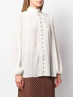 澳洲小众设计师白色亚麻布，拼接植绒雪纺，百褶皱长袖衬衫衬衣上衣