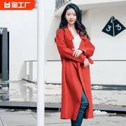 红色双面羊绒大衣女，2024复古赫本风韩版高端中长款毛呢外套