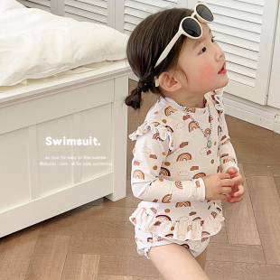 丹麦女童泳衣ins儿童，连体长袖防晒游泳衣中小童，宝宝婴儿女孩泳装