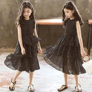 女童连衣裙夏季波(夏季波)点，雪纺蛋糕裙2023韩版中大童过膝长款亲子裙