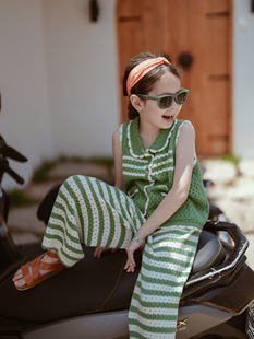史豌豆女童镂空针织套装2024夏季儿童无袖上衣长裤洋气两件套