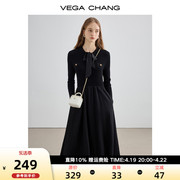 vegachang长袖连衣裙，女2024春秋显瘦气质，针织拼接裙子