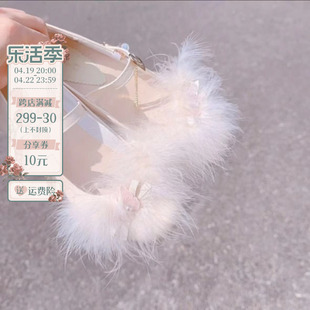 pinkyo原创法式公主甜美羽毛，粗跟鞋女2024春夏，一字带方根单鞋