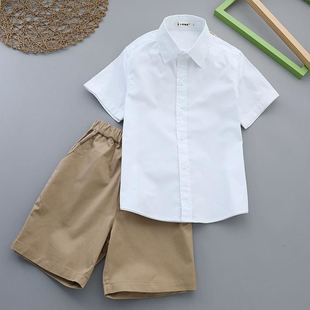急速儿童白衬衫黑裤子，男童演出服套装，夏季短袖薄款衬衣短西裤