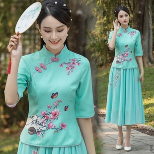 女士旗袍上衣大码唐装古装茶服两件套中国风日常服装中式汉服套装