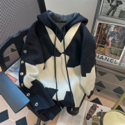 美式高街复古假两件撞色针织，卫衣男女潮牌高级感痞帅加厚连帽外套