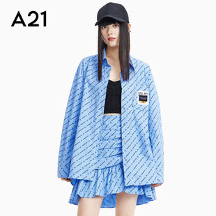 A21女装字母印花衬衫女设计感2023秋季宽松长袖外套翻领衬衣