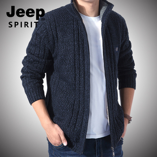 jeep针织衫秋冬季男立领，卫衣厚款保暖加绒开衫毛衣冬宽松休闲外套