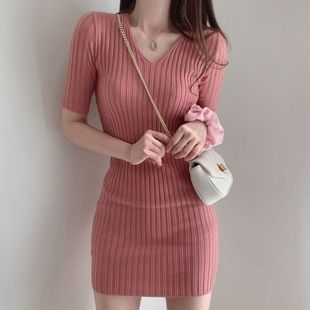 韩国春夏短袖针织打底连衣裙显瘦修身紧身弹力性感气质包臀短裙女