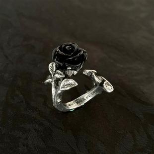 alchemya牌进口男女，朋克哥特黑玫瑰花，指环戒指饰品开口r241