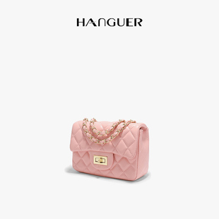 HANGUER＆CK粉色年轻人高级感菱格 链条小方包包女手机斜挎包
