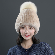 獭兔毛帽子女冬季外出保暖加厚护耳帽，编织帽韩版可爱时尚狐狸毛球