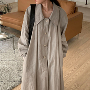 韩国chic秋季小众慵懒风翻领，单排扣宽松休闲长袖，衬衫式连衣裙长裙