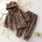 冬季儿童小熊家居套装睡衣女童男童毛毛套装宝宝加厚款家居服罩衣