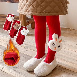 宝宝加绒红色打底裤秋冬款婴儿童周岁女童加厚连裤袜保暖新年外穿