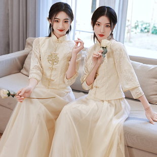 中式伴娘服女2023冬季香槟色长袖姐妹团秀禾礼服小个子伴娘裙