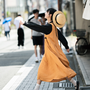 古苔「秋日橙」连衣裙 纯亚麻质感双排扣学院风背心裙女GOODTIME