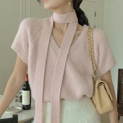 韩国chic夏季毛绒绒纯色围巾针织衫上衣女短袖V领斜纹短袖毛衣