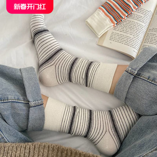 秋冬季韩国条纹袜子女中筒袜ins潮棉质学生简约百搭潮长筒堆堆袜