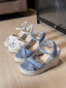 外贸牛仔布坡跟凉鞋女夏季交叉带罗马鞋Lazada Women Sandals