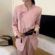 粉色新中式国风圆领外套，女2024春秋，缎面提花休闲气质百搭西装