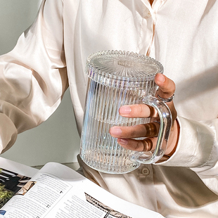 竖纹玻璃杯ins风透明带盖带把手柄耐高温耐热马克玻璃杯直筒杯子